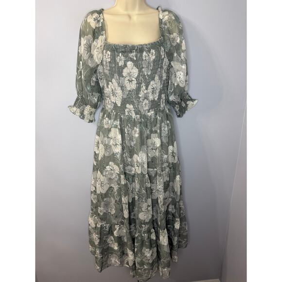 Baltic Born Fabian Jacquard Midi Dress Floral Sage Green Sz L Wedding Guest New - Picture 2 of 16